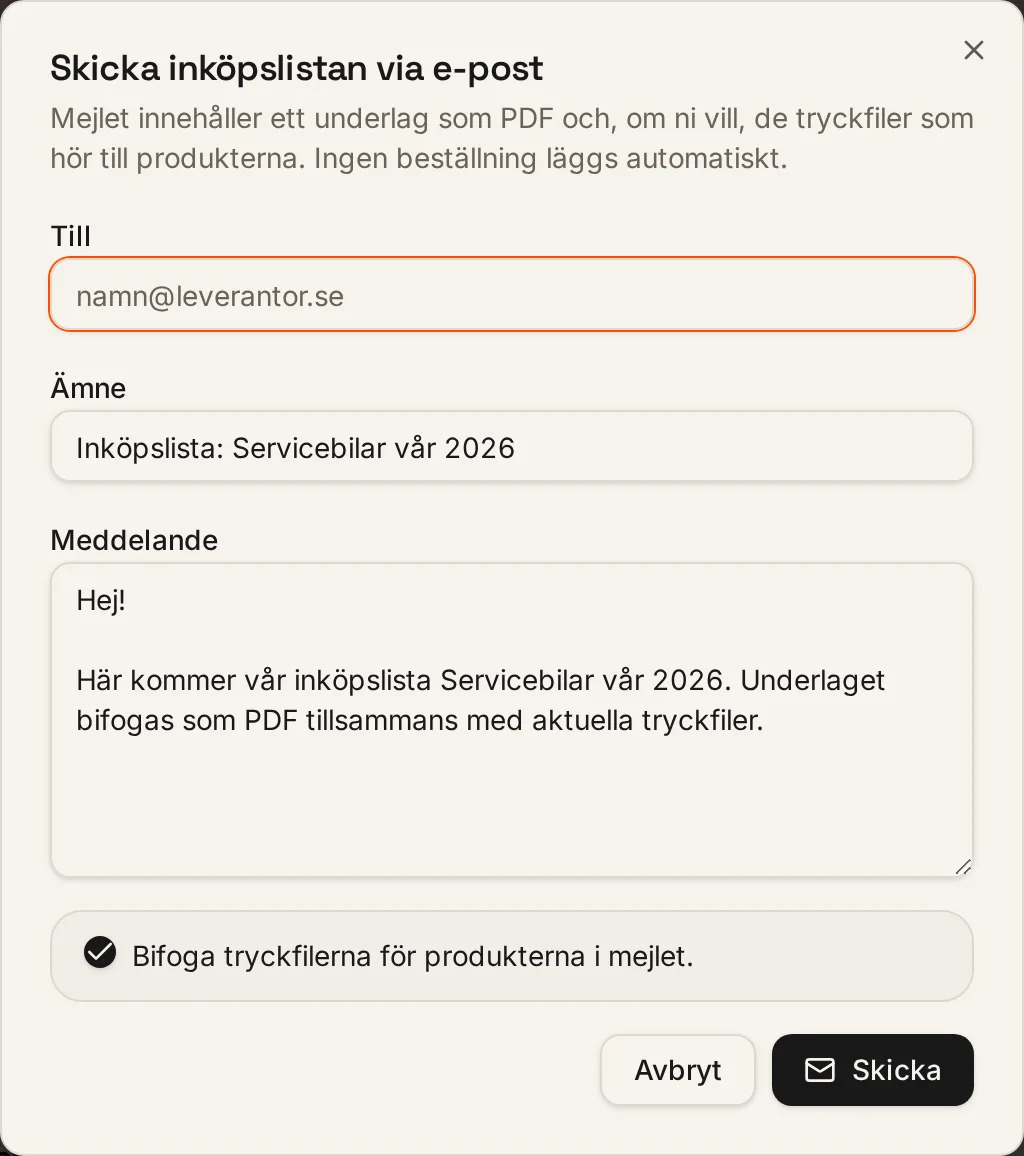 Rutan Skicka inköpslistan via e-post med mottagare, ämne, meddelande och val att bifoga tryckfiler.