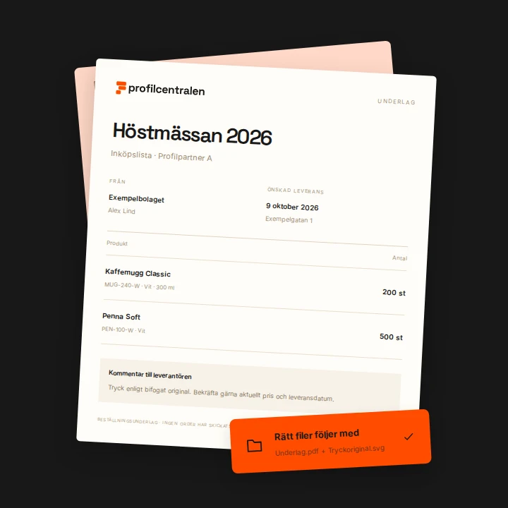 Ett beställningsunderlag som PDF för Höstmässan 2026 med produkter, varianter och antal, samt filgruppen Underlag.pdf och Tryckoriginal.svg.