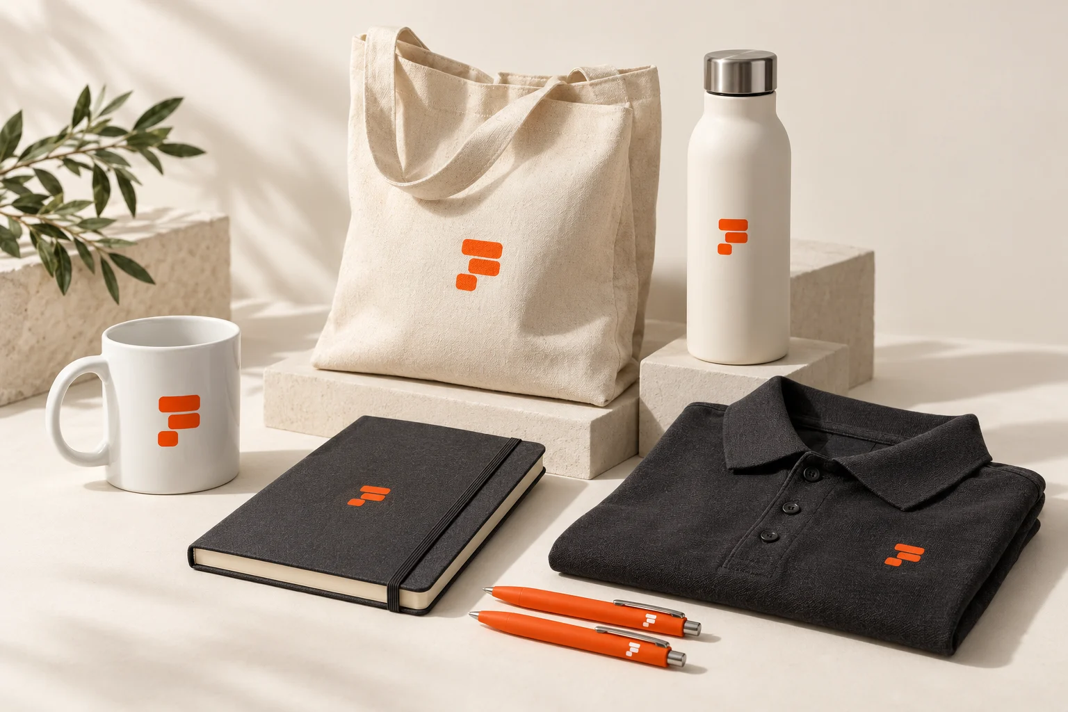 Profilprodukter med logotyp: kaffemugg, tygkasse, vattenflaska, pikétröja, anteckningsbok och pennor.
