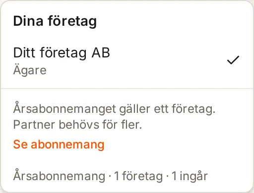 Företagsväxlaren med rubriken Dina företag och information om abonnemanget