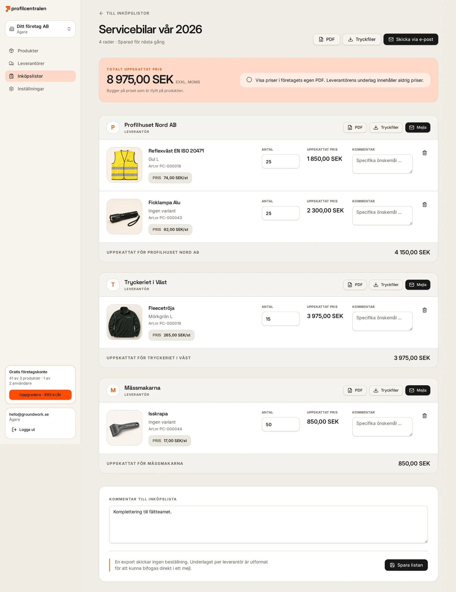 En inköpslista med rader grupperade per leverantör, kolumnen Art.nr och uppskattat pris