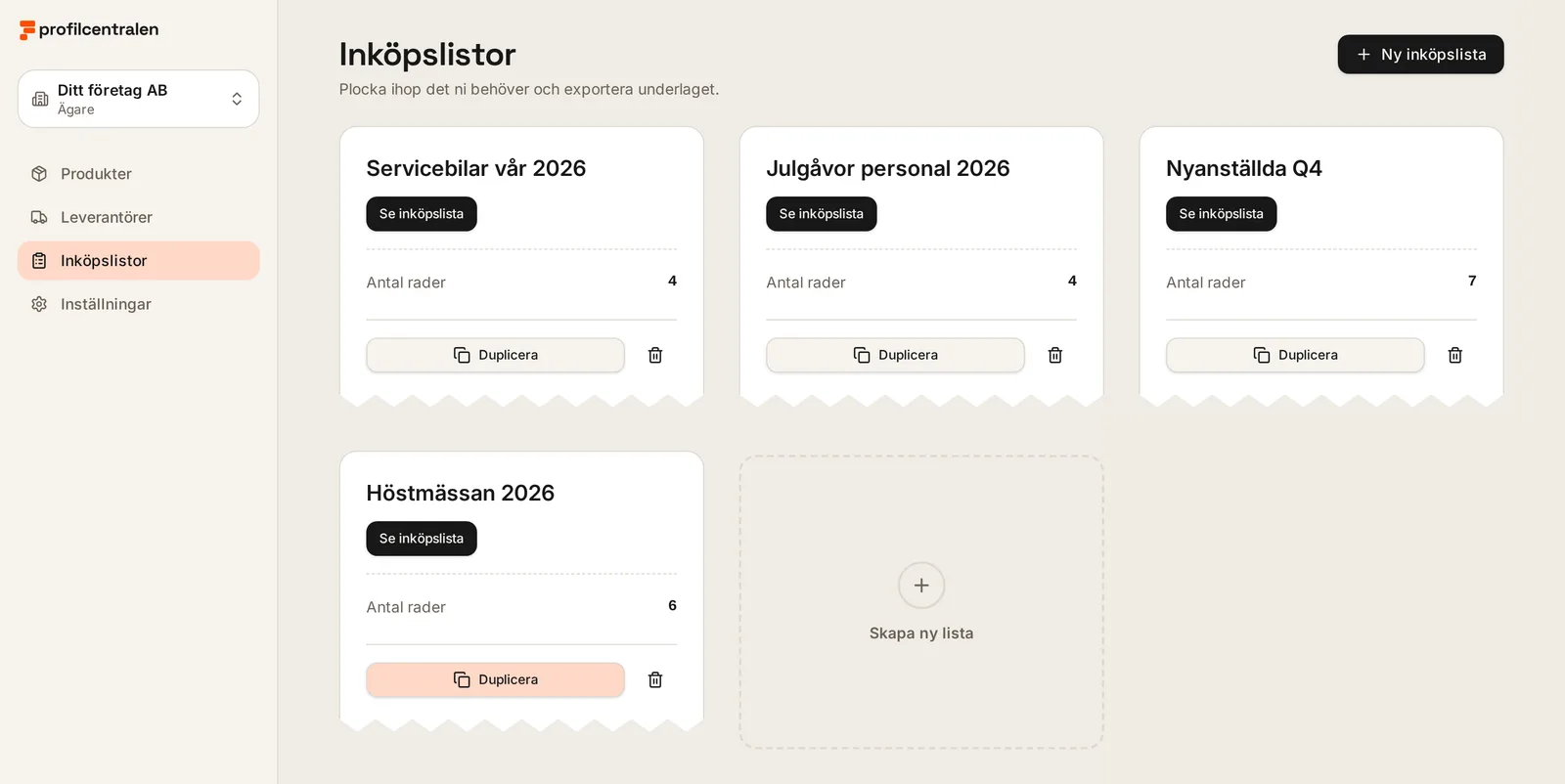 Sidan Inköpslistor med listkort och rutan Skapa ny lista