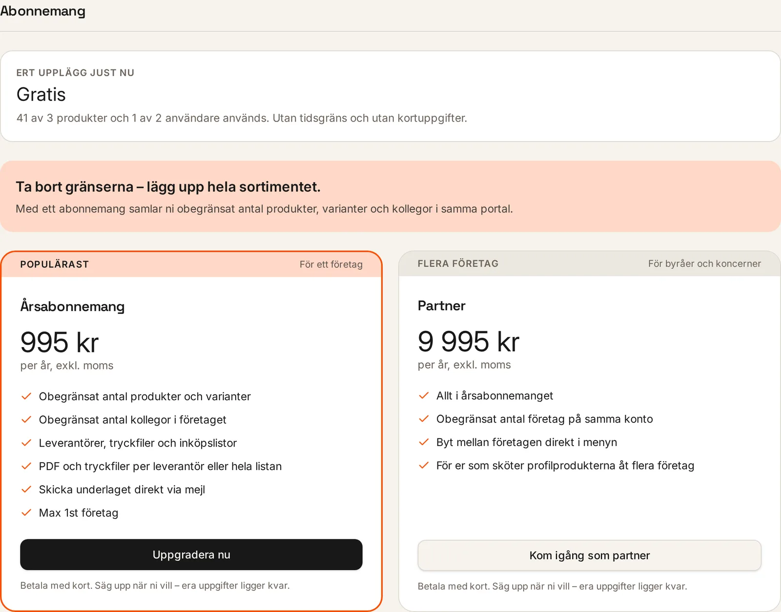Avsnittet Abonnemang i Inställningar med paketen Årsabonnemang och Partner
