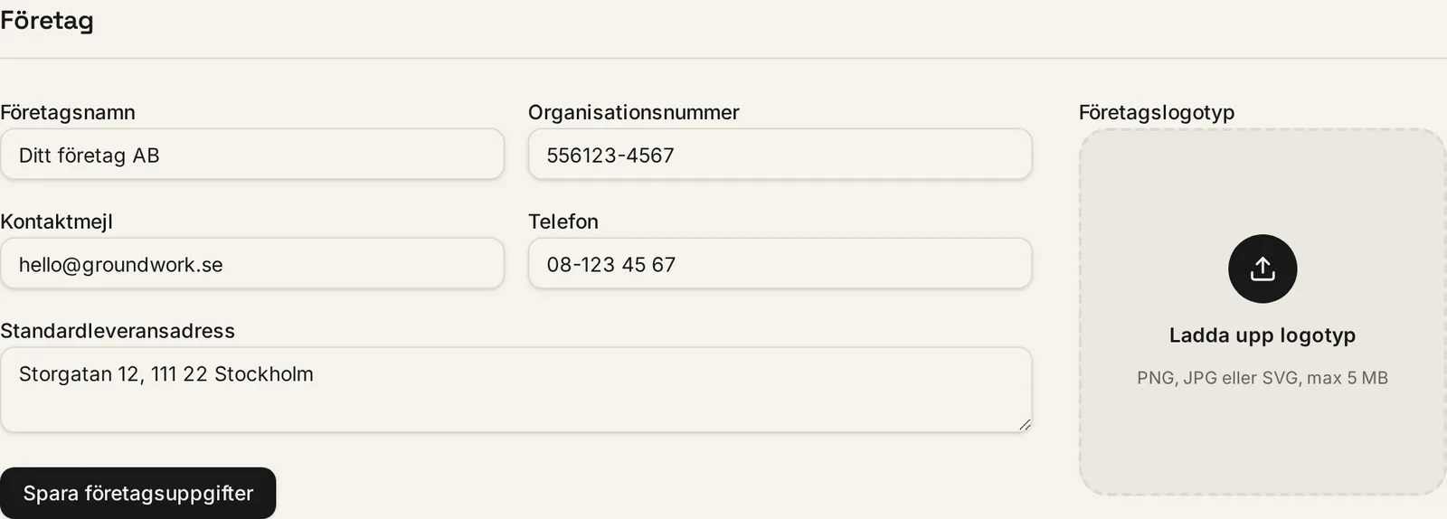 Avsnittet Företag i Inställningar med fält för namn, organisationsnummer, e-post, telefon och adress