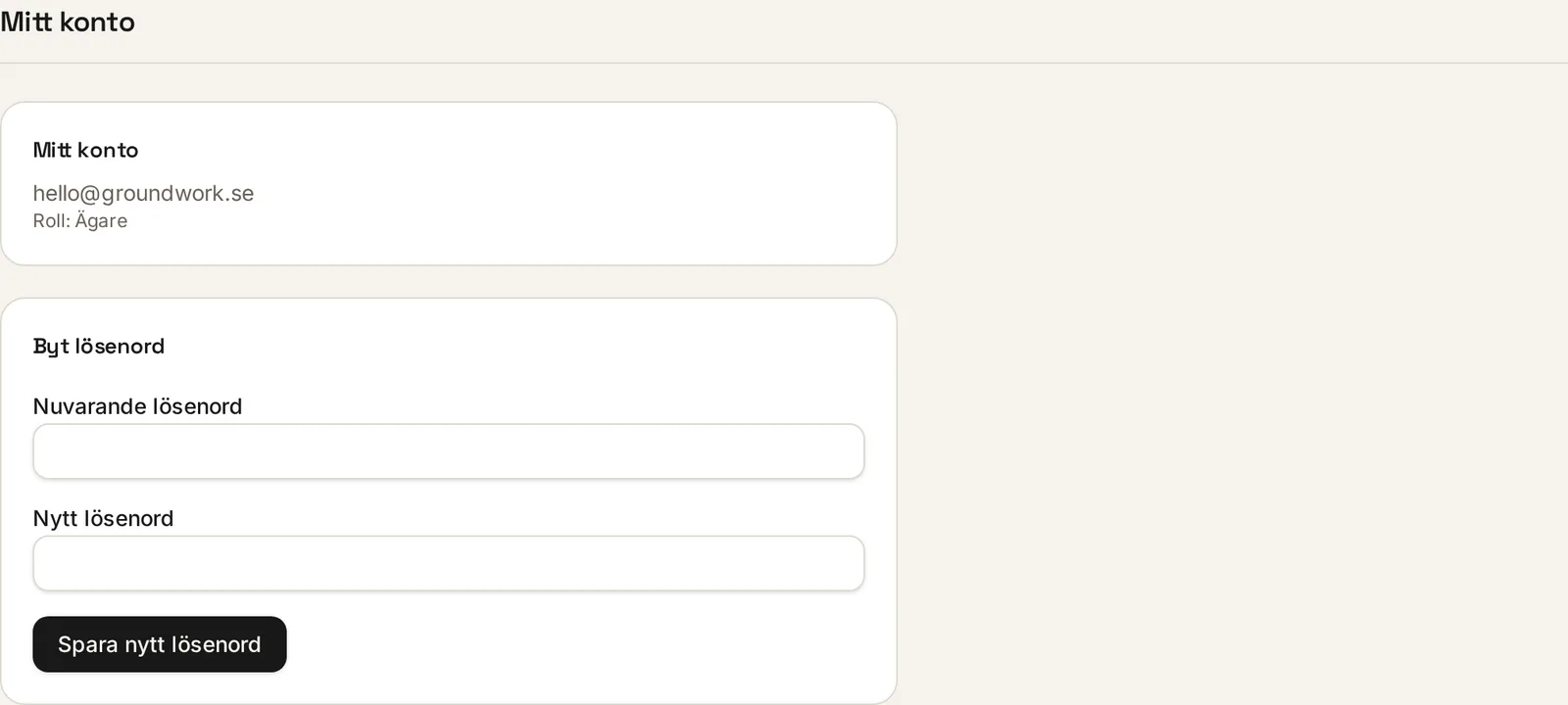 Avsnittet Mitt konto i Inställningar med namn och byte av lösenord