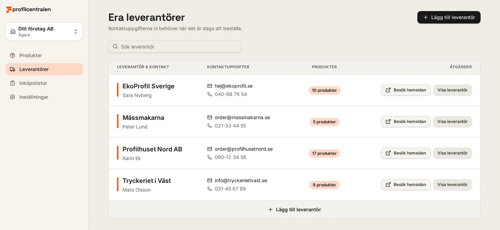 Leverantörslistan med kolumner för kontakt, kontaktuppgifter, produkter och knappar