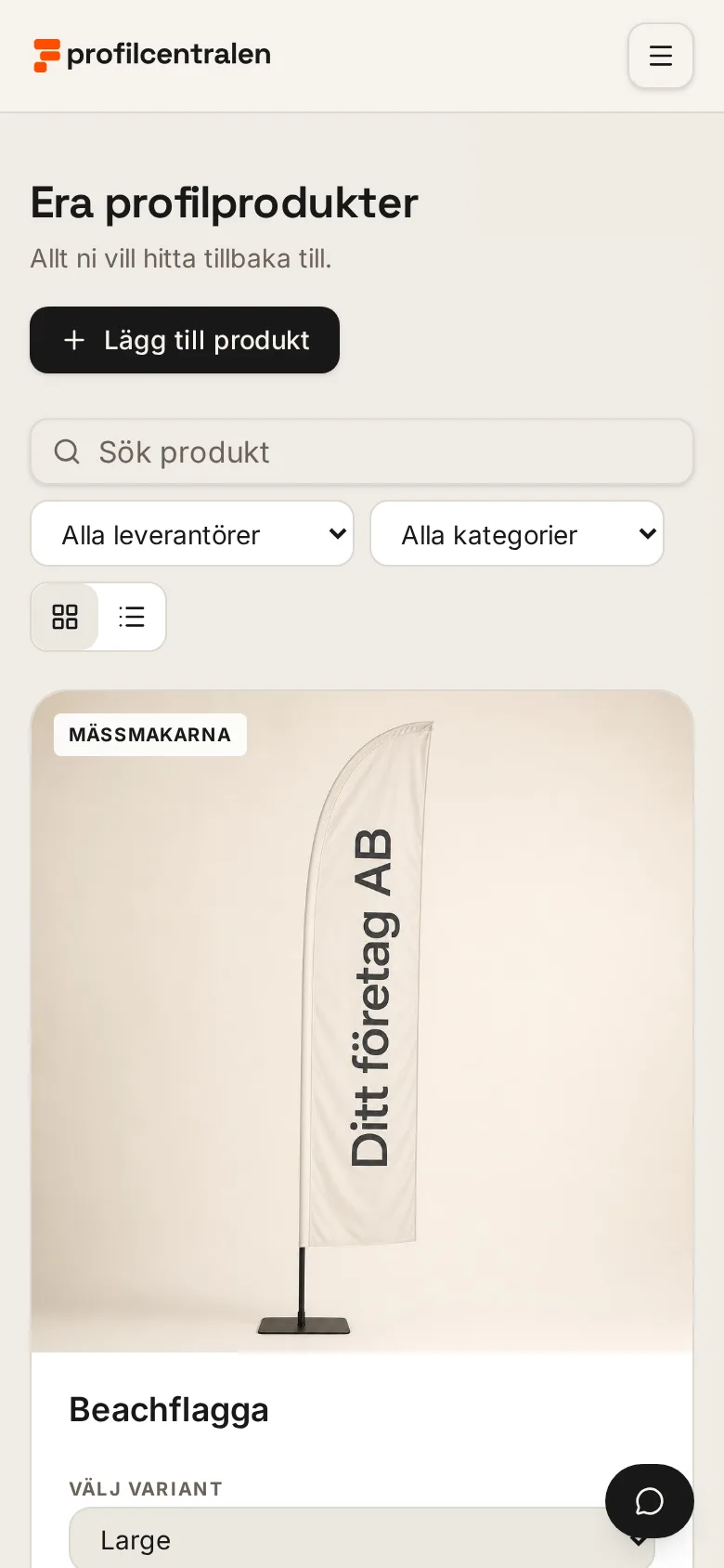 Produktkatalogen i mobilen med menyknapp, sökruta, filter och produktkort