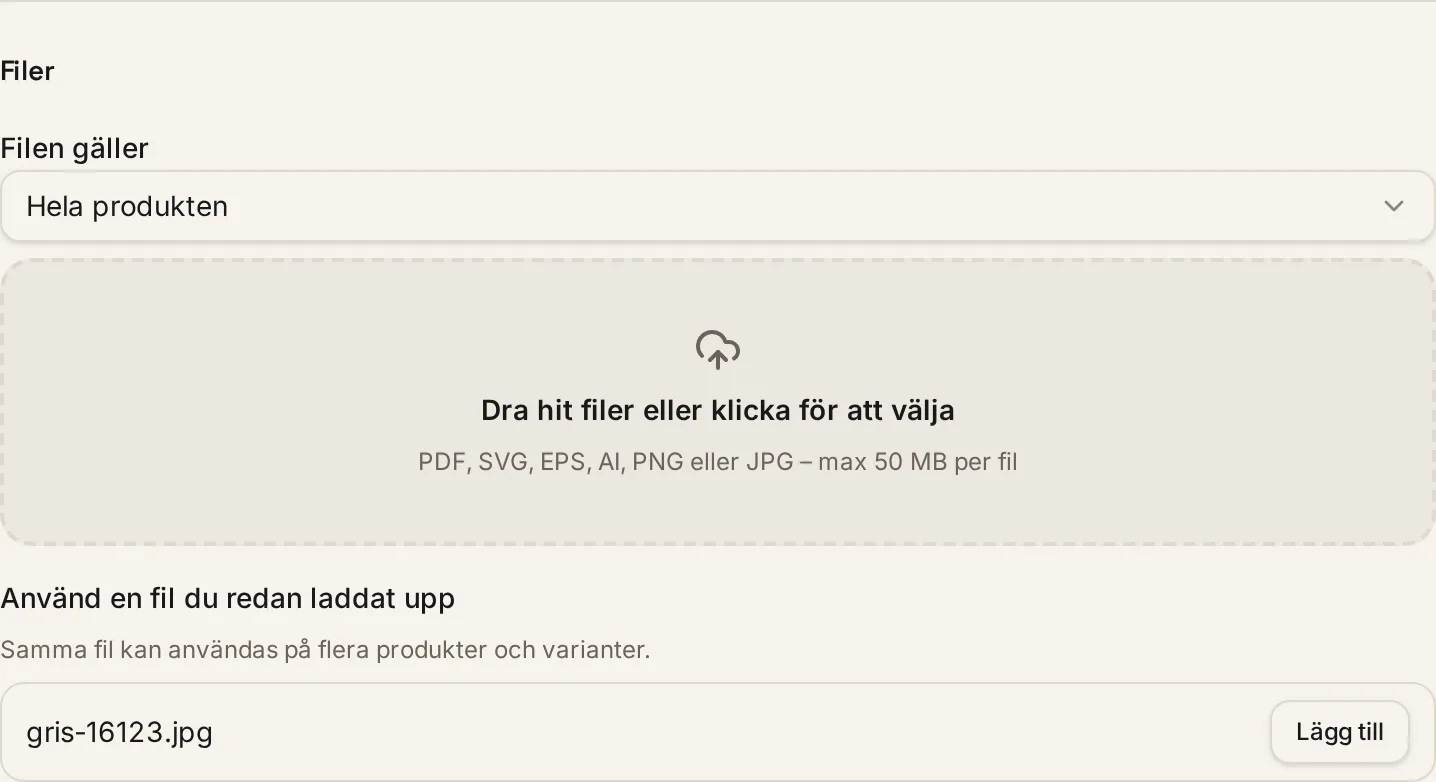 Rutan för filuppladdning med valet Filen gäller och texten om tillåtna filtyper