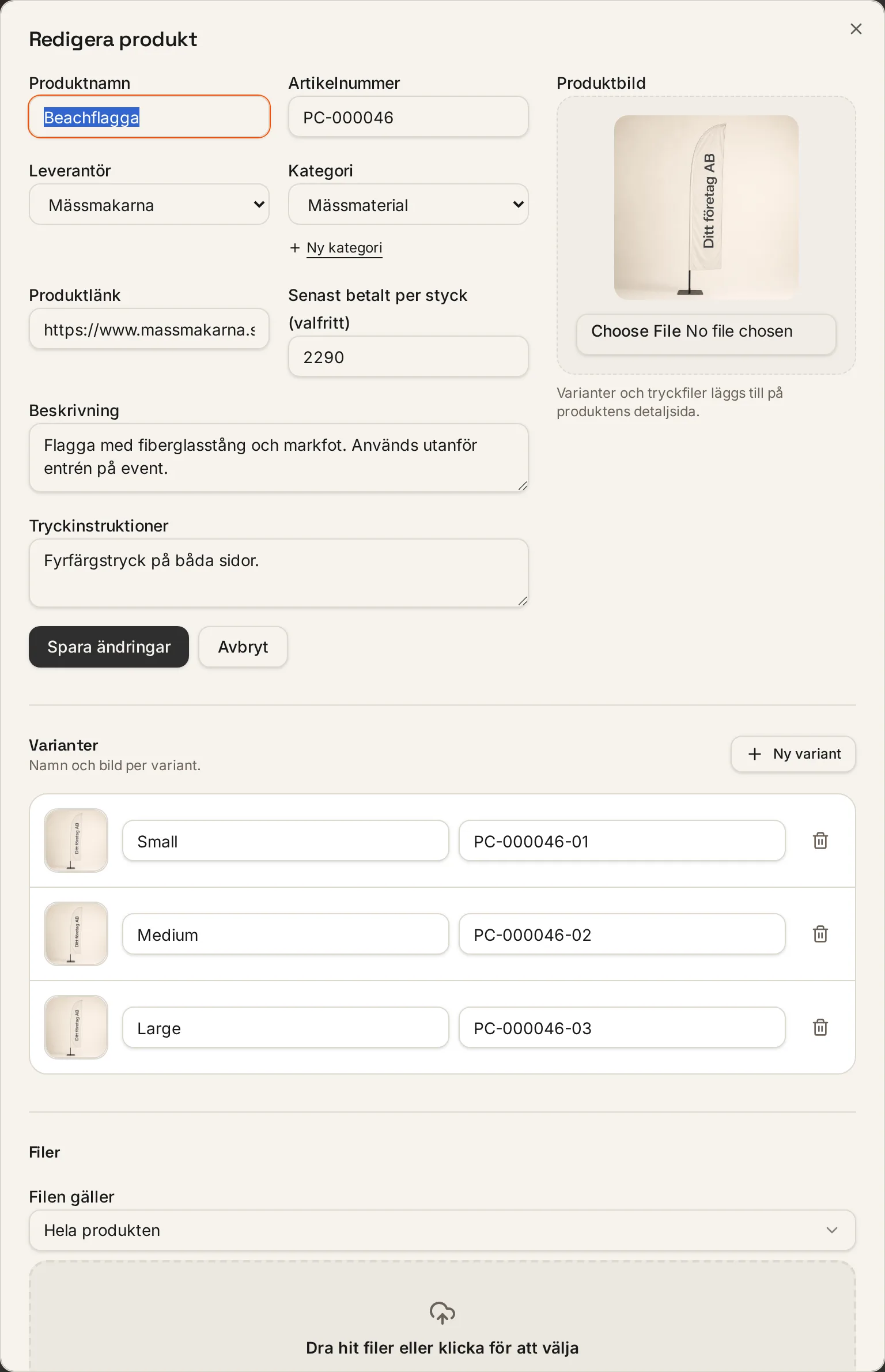 Rutan Redigera produkt med fält för namn, artikelnummer, leverantör, kategori, länk, pris, beskrivning och tryckinstruktioner