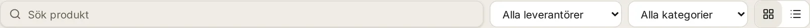 Filterraden med sökruta, val för leverantör och kategori samt knappar för kortvy och listvy