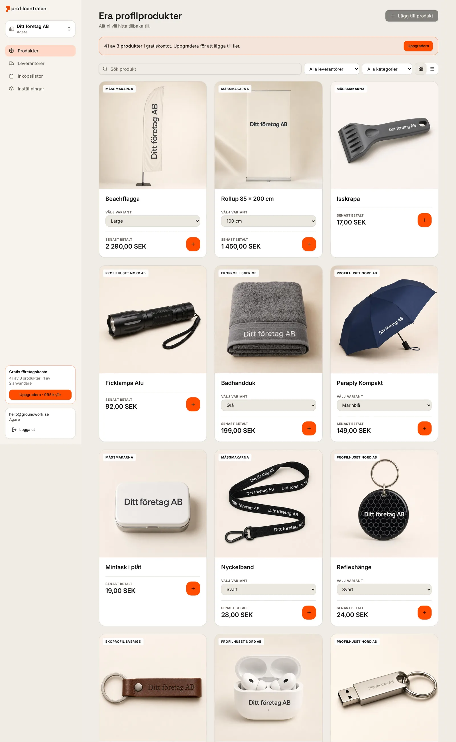 Produktlistan med sökruta, filter för leverantör och kategori samt produktkort i rutnät