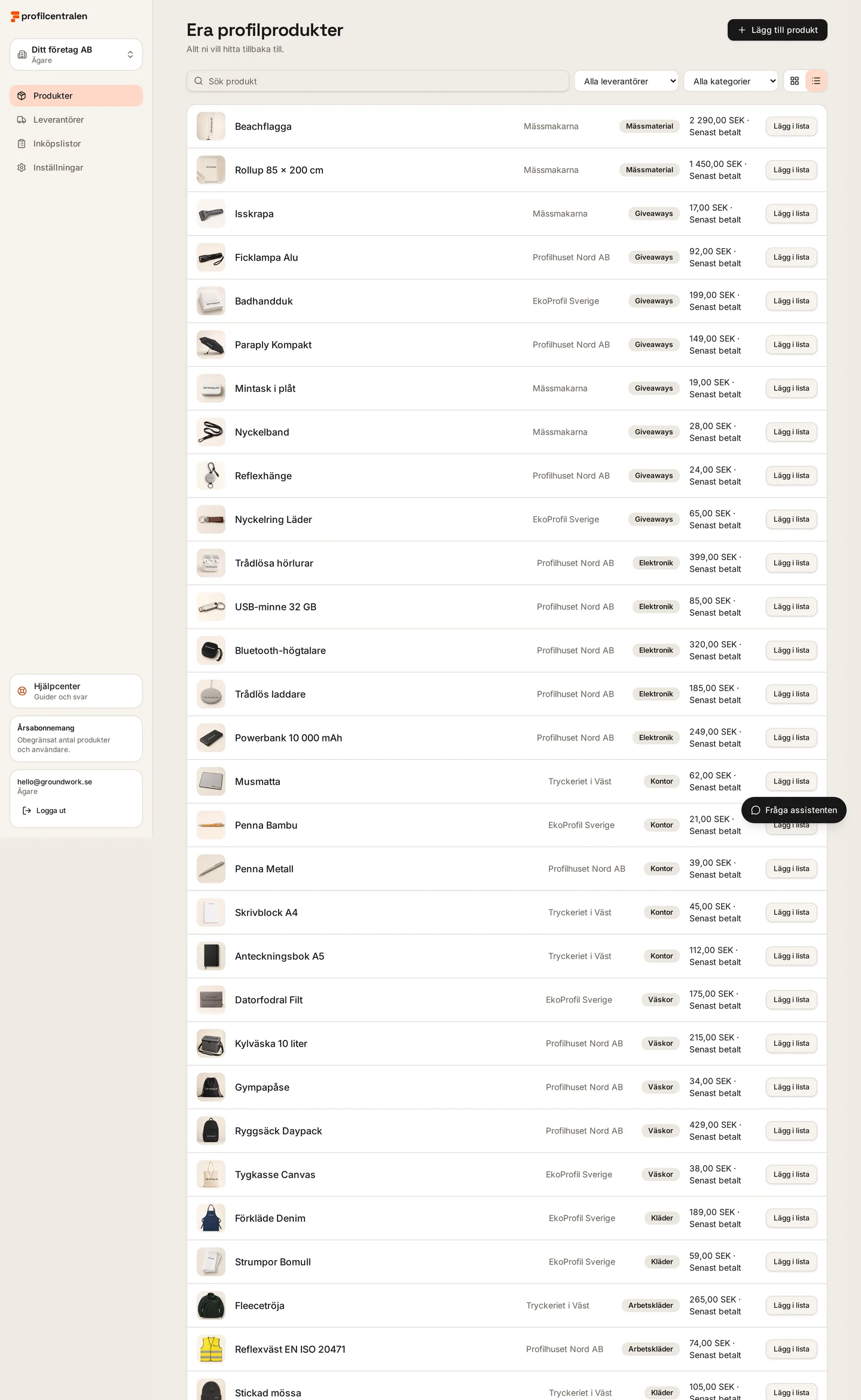 Produktkatalogen i listvy med en rad per produkt och knappen Lägg i lista