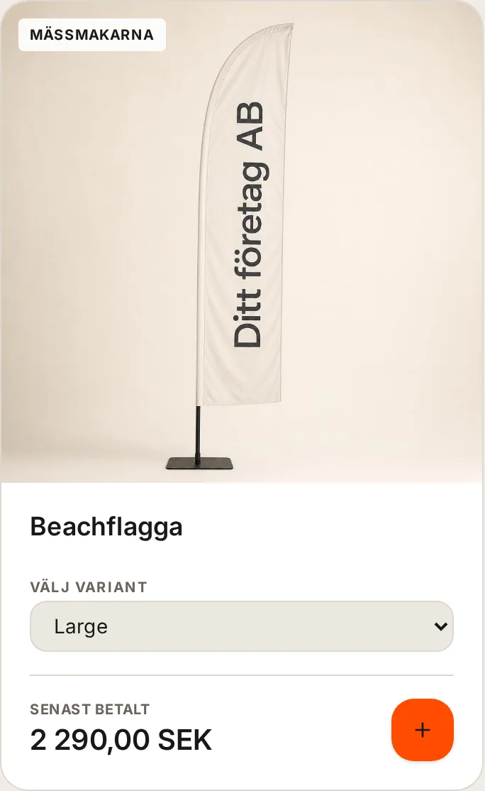 Ett produktkort med bild, leverantör, variantval och plusknapp