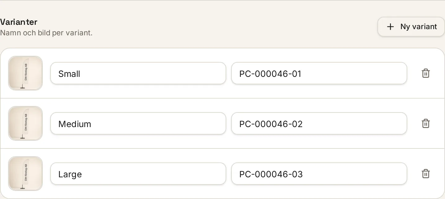 Avsnittet Varianter i redigeringsrutan med bild, namn, artikelnummer och papperskorg per variant